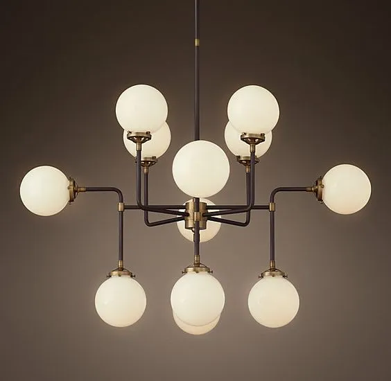 Люстра на штанге RH Bistro Globe Milk Glass 12-Light Chandelier ImperiumLoft 123454-22 40.1541