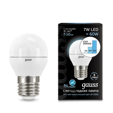 Лампа Gauss 105102207-S диммируемая E27 7W 4100K шар матовый Умные лампы Лампа Gauss 105102207-S диммируемая E27 7W 4100K шар матовый Умные лампы