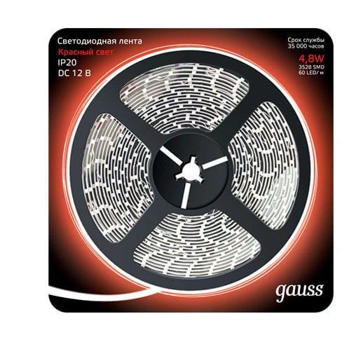 Светодиодная лента Gauss 312000705 4,8W/m 60LED/m 2835SMD красный 5M Светодиодная лента Gauss 312000705 4,8W/m 60LED/m 2835SMD красный 5M