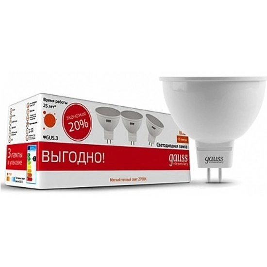 Лампа Gauss 13516T Elementary MR16 5.5W 3000К GU5.3 (3 лампы в упаковке) LED Лампа Gauss 13516T Elementary MR16 5.5W 3000К GU5.3 (3 лампы в упаковке) LED