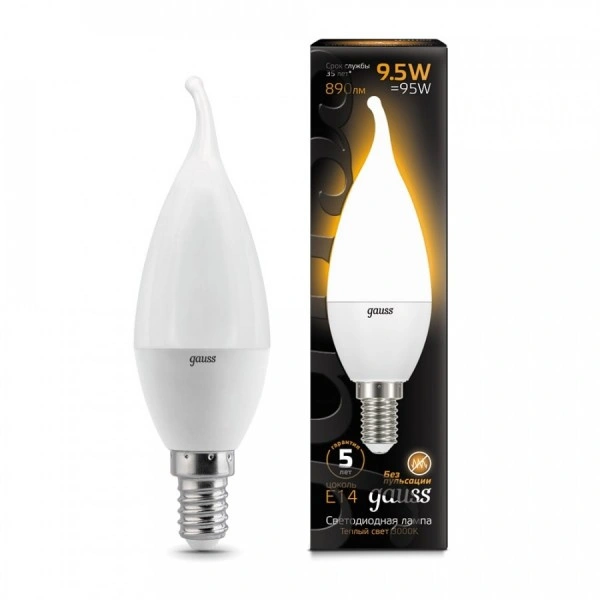 Лампа Gauss 104101110 E14 9.5W 3000K свеча на ветру матовая LED Candle tailed Лампа Gauss 104101110 E14 9.5W 3000K свеча на ветру матовая LED Candle tailed