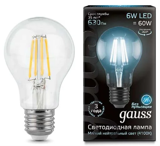 Лампа Gauss 102802206 LED Filament A60 E27 6W 4100K Лампа Gauss 102802206 LED Filament A60 E27 6W 4100K