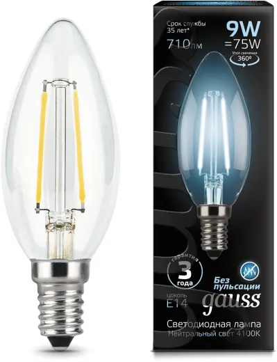 Лампа Gauss 103801209 филаментная E14 9W 4100К свеча прозрачная Filament Candle Лампа Gauss 103801209 филаментная E14 9W 4100К свеча прозрачная Filament Candle