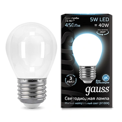 Лампа Gauss 105202205 филаментная E27 5W 4100К шар матовый Filament Globe Лампа Gauss 105202205 филаментная E27 5W 4100К шар матовый Filament Globe