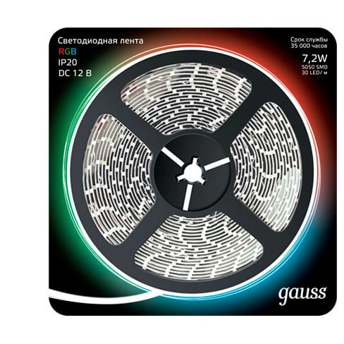 Светодиодная лента Gauss 312000407 7,2W/m 30LED/m 5050SMD RGB 5M Светодиодная лента Gauss 312000407 7,2W/m 30LED/m 5050SMD RGB 5M