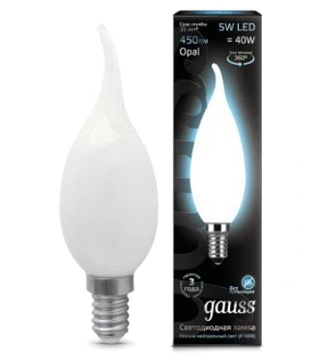 Лампа Gauss 104201205 филаментная E14 5W 4100К свеча на ветру матовая Лампа Gauss 104201205 филаментная E14 5W 4100К свеча на ветру матовая