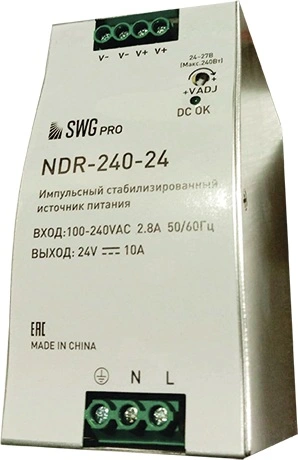 Блок питания для светодиодной ленты SWG NDR-240-24 NDR Блок питания для светодиодной ленты SWG NDR-240-24 NDR