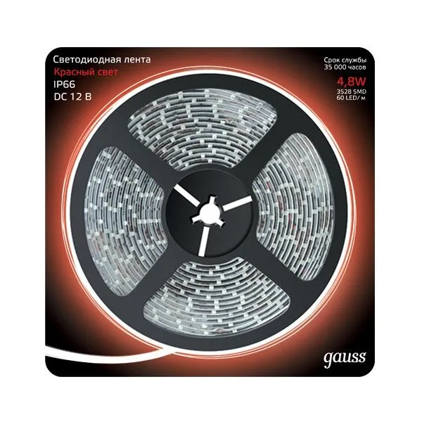 Светодиодная влагозащищенная лента Gauss 311000705 4,8W/m 60LED/m 2835SMD красный 5M Светодиодная влагозащищенная лента Gauss 311000705 4,8W/m 60LED/m 2835SMD красный 5M