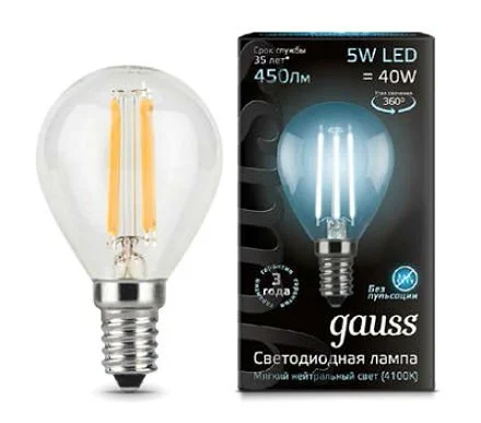 Лампа Gauss 105801205 LED Filament Globe E14 5W 4100K Лампа Gauss 105801205 LED Filament Globe E14 5W 4100K