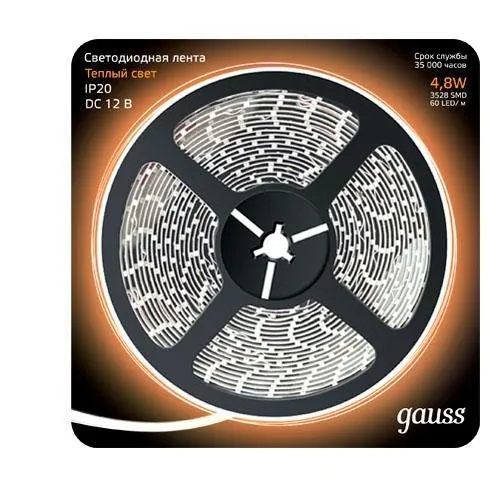 Светодиодная лента Gauss 312000105 4,8W/m 60LED/m 2835SMD теплый белый 5M Светодиодная лента Gauss 312000105 4,8W/m 60LED/m 2835SMD теплый белый 5M