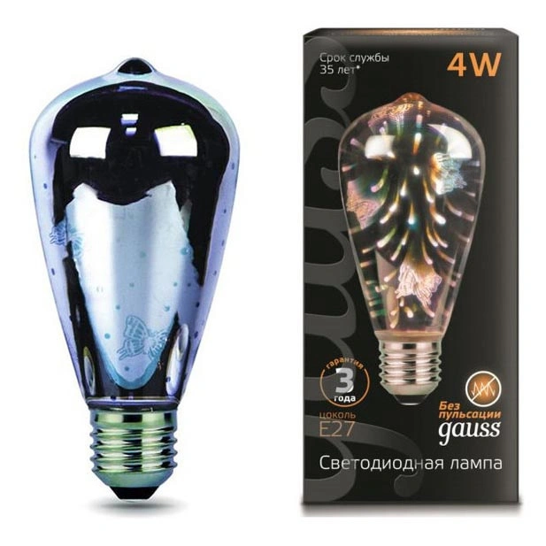 Лампа Gauss 147802404 E27 4W RGB колба разноцветная 3D-Butterfly Лампа Gauss 147802404 E27 4W RGB колба разноцветная 3D-Butterfly