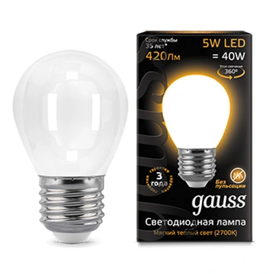 Лампа Gauss 105202105 филаментная E27 5W 2700К шар матовый Filament Globe Лампа Gauss 105202105 филаментная E27 5W 2700К шар матовый Filament Globe