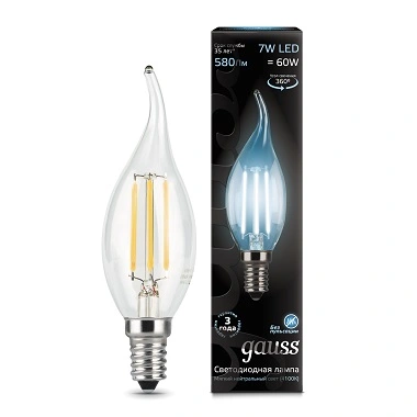 Лампа Gauss 104801207 филаментная E14 7W 4100К свеча на ветру прозрачная Filament Candle Лампа Gauss 104801207 филаментная E14 7W 4100К свеча на ветру прозрачная Filament Candle