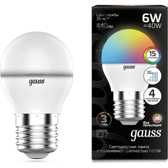 Лампа Gauss 105102406 Шар G45 6W E27 RGBW+димирование LED Лампа Gauss 105102406 Шар G45 6W E27 RGBW+димирование LED