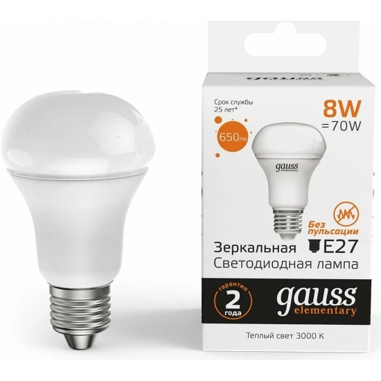Лампа Gauss 63218 Elementary R63 8W 650lm 3000K Е27 LED Лампа Gauss 63218 Elementary R63 8W 650lm 3000K Е27 LED