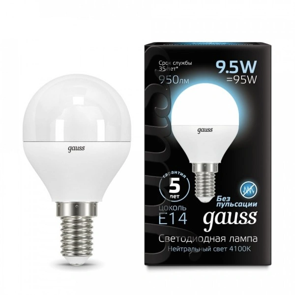 Лампа Gauss 105101210 E14 9.5W 4100K шар матовый LED Globe Лампа Gauss 105101210 E14 9.5W 4100K шар матовый LED Globe