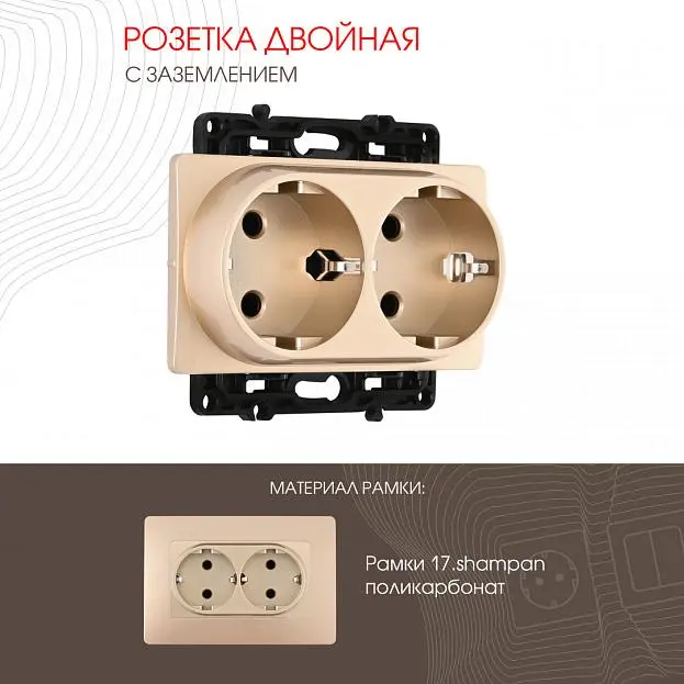 Розетка двойная с заземлением и шторками, 16A 250V Arte Milano 217.40-2.shampan Розетка двойная с заземлением и шторками, 16A 250V Arte Milano 217.40-2.shampan