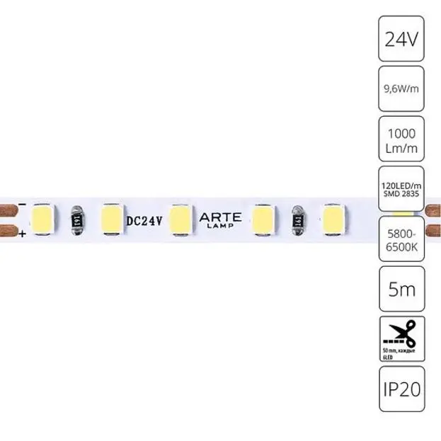 Светодиодная лента 24V 9,6W/m 6000К 5м Arte Lamp A2412005-03-6K TAPE Светодиодная лента 24V 9,6W/m 6000К 5м Arte Lamp A2412005-03-6K TAPE