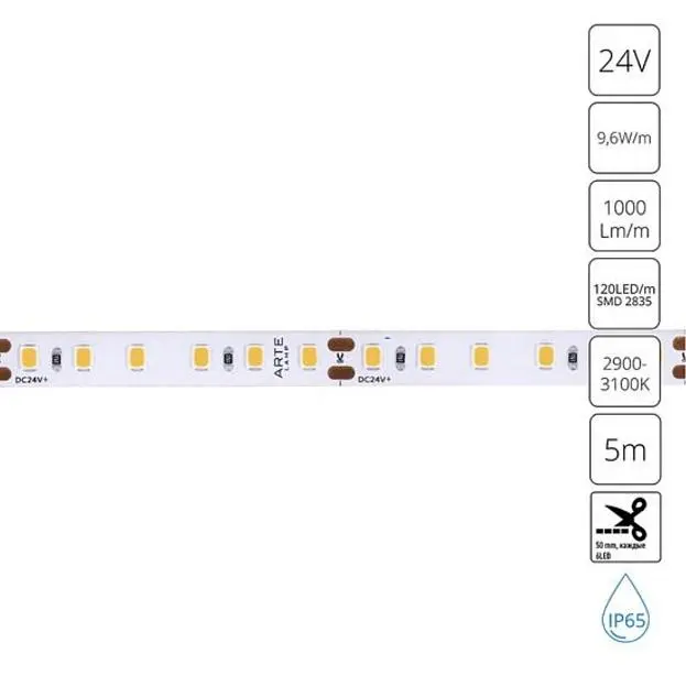 Светодиодная лента 24V 9,6W/m 3000К 5м Arte Lamp AQUA A2412008-04-3K TAPE Светодиодная лента 24V 9,6W/m 3000К 5м Arte Lamp AQUA A2412008-04-3K TAPE