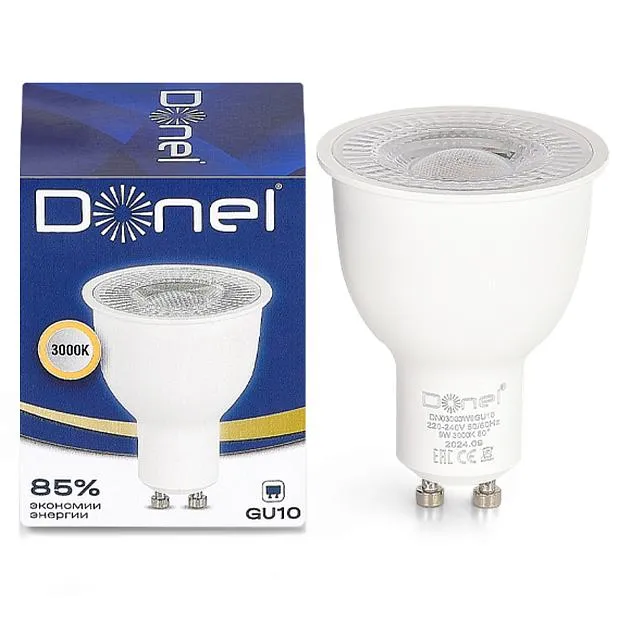 Светодиодная лампа 9Вт, MR16, 220В, GU10, 3000K, 675Лм, Ra>80, 60°, D50хH65мм Donel DN03003W9GU10 DN03 Светодиодная лампа 9Вт, MR16, 220В, GU10, 3000K, 675Лм, Ra>80, 60°, D50хH65мм Donel DN03003W9GU10 DN03