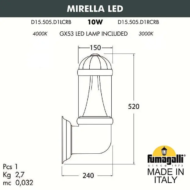 Уличный настенный светильник FUMAGALLI MIRELLAD15.505.000.BXD1L.CRB Sauro