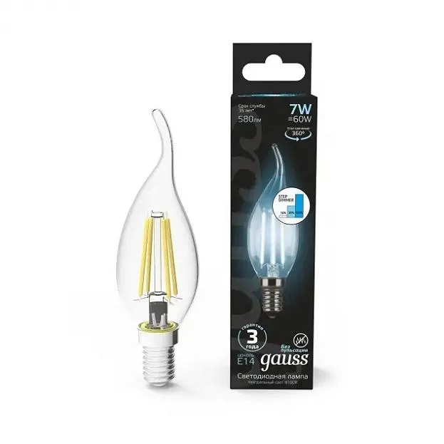 Лампа Gauss 104801207 филаментная E14 7W 4100К свеча на ветру прозрачная Filament Candle Лампа Gauss 104801207 филаментная E14 7W 4100К свеча на ветру прозрачная Filament Candle