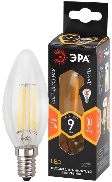 Лампочка светодиодная филаментная ЭРА F-LED B35-9w-827-E14