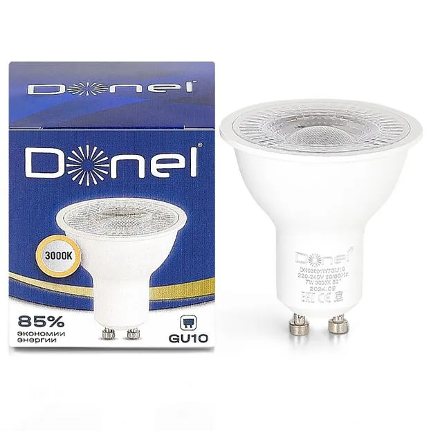 Светодиодная лампа 7Вт, MR16, 220В, GU10, 3000K, 525Лм, Ra>80, 60°, D50хH55мм Donel DN03001W7GU10 DN03 Светодиодная лампа 7Вт, MR16, 220В, GU10, 3000K, 525Лм, Ra>80, 60°, D50хH55мм Donel DN03001W7GU10 DN03