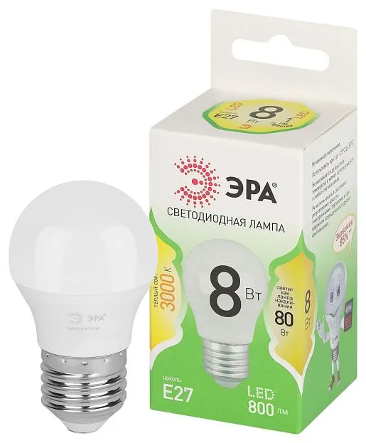 Лампочка светодиодная ЭРА LED P45-8W-830-E27 GL