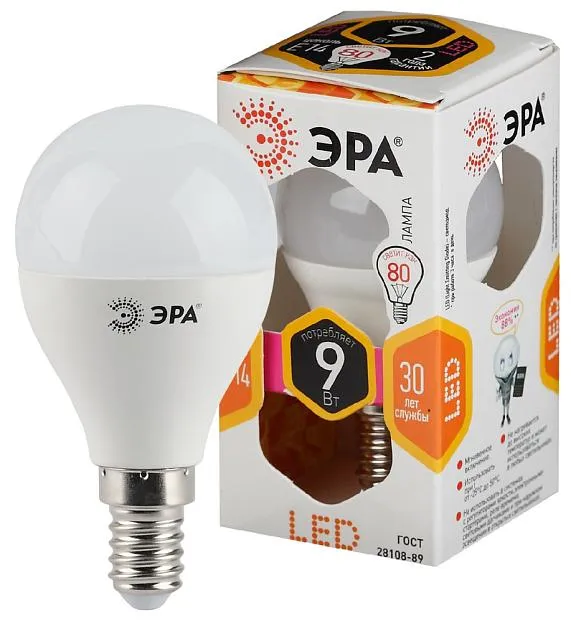 Лампочка светодиодная ЭРА LED P45-9W-827-E14