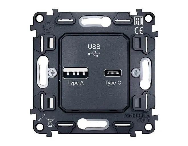 Механизм розетки 2USB A+C 20W быстрая зарядка Ambrella Volt VM177 QUANT Механизм розетки 2USB A+C 20W быстрая зарядка Ambrella Volt VM177 QUANT