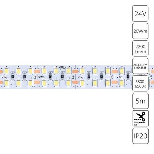 Светодиодная лента 24V 19,2W/m 6000К 5м Arte Lamp A2424015-03-6K TAPE Светодиодная лента 24V 19,2W/m 6000К 5м Arte Lamp A2424015-03-6K TAPE
