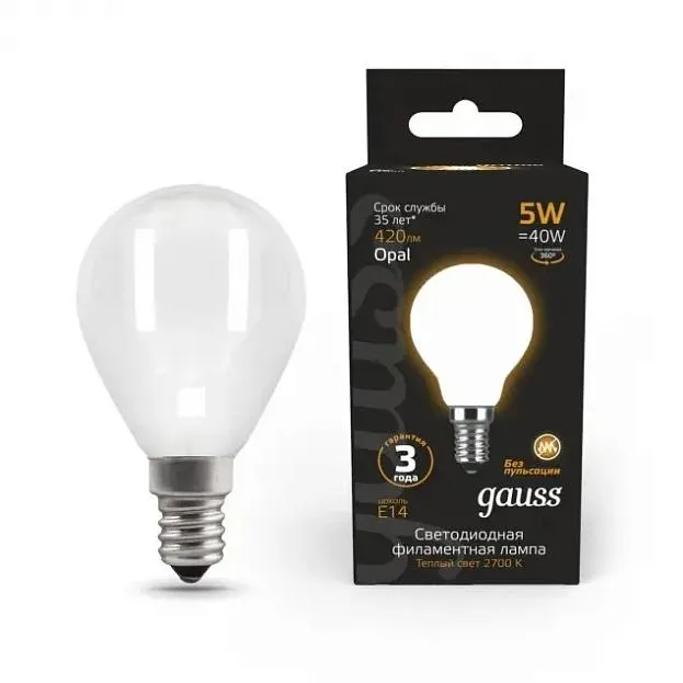 Лампа Gauss 105201105 филаментная E14 5W 2700К шар матовый Filament Globe Лампа Gauss 105201105 филаментная E14 5W 2700К шар матовый Filament Globe