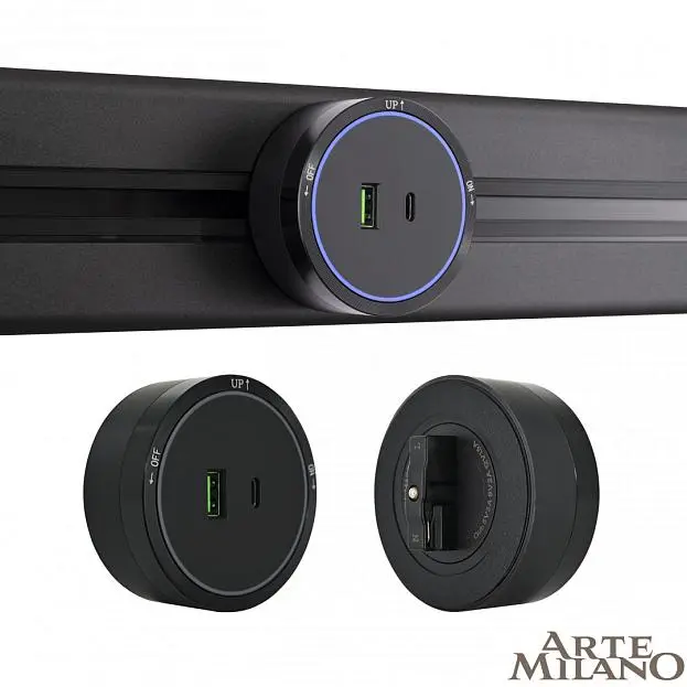 Трековая розетка, 2.1A 18W 250V Arte Milano 380066TS LED/USB-Type-C Black Am Трековая розетка, 2.1A 18W 250V Arte Milano 380066TS LED/USB-Type-C Black Am