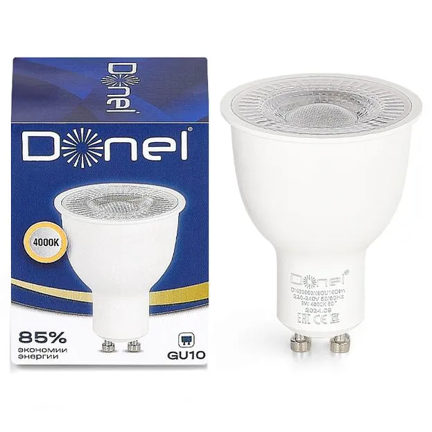 Светодиодная лампа 9Вт, MR16, 220В, GU10, 4000K, 720Лм, Ra>80, 60°, D50хH65мм, Dim Triac Donel DN03003N9GU10Dim DN03 Светодиодная лампа 9Вт, MR16, 220В, GU10, 4000K, 720Лм, Ra>80, 60°, D50хH65мм, Dim Triac Donel DN03003N9GU10Dim DN03