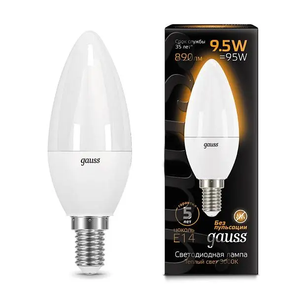 Лампа Gauss 103101110 E14 9.5W 3000K свеча матовая LED Candle Лампа Gauss 103101110 E14 9.5W 3000K свеча матовая LED Candle