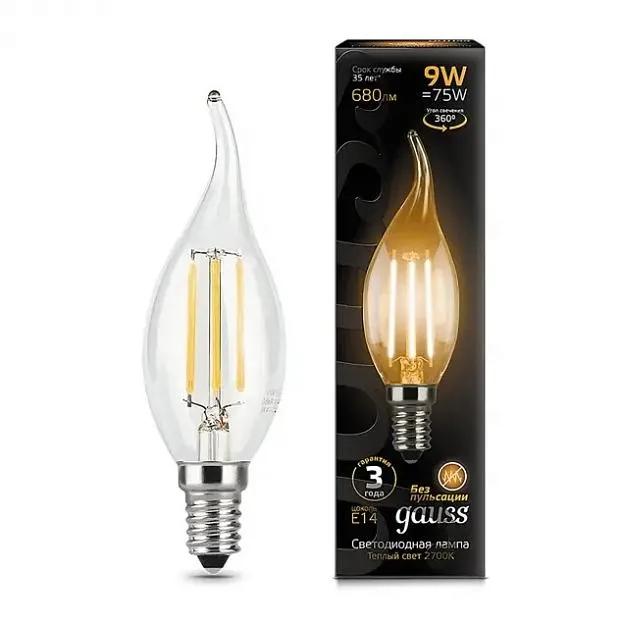 Лампа Gauss 104801109 филаментная E14 9W 2700К свеча на ветру прозрачная Filament Candle Лампа Gauss 104801109 филаментная E14 9W 2700К свеча на ветру прозрачная Filament Candle