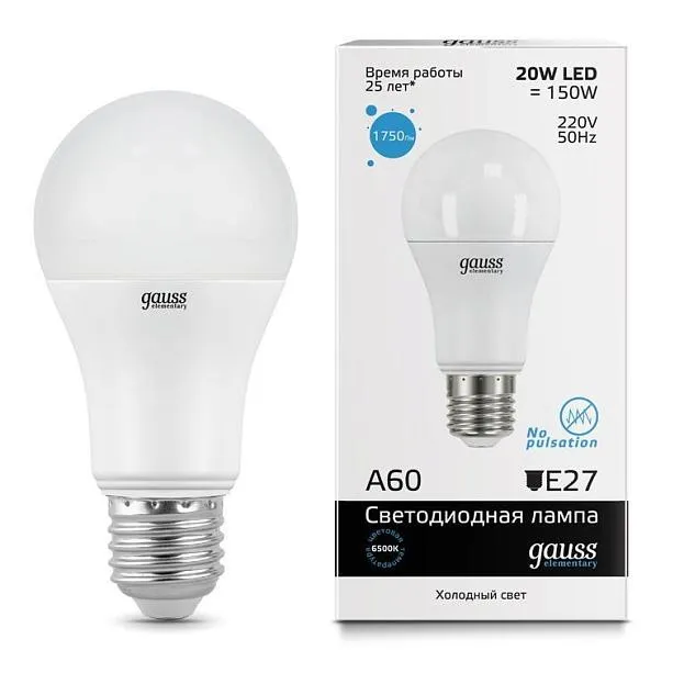 Лампа Gauss 23239 E27 20W 6500K LED A60 Лампа Gauss 23239 E27 20W 6500K LED A60