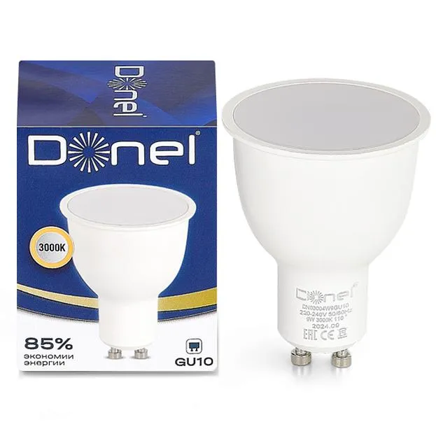 Светодиодная лампа 9Вт, MR16, 220В, GU10, 3000K, 675Лм, Ra>80, 110°, D50хH65мм Donel DN03004W9GU10 DN03 Светодиодная лампа 9Вт, MR16, 220В, GU10, 3000K, 675Лм, Ra>80, 110°, D50хH65мм Donel DN03004W9GU10 DN03