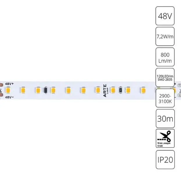 Светодиодная лента 48V 9,6W/m 3000К 30м Arte Lamp A4812010-03-3K TAPE Светодиодная лента 48V 9,6W/m 3000К 30м Arte Lamp A4812010-03-3K TAPE
