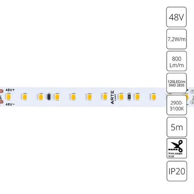Светодиодная лента 48V 9,6W/m 3000К 5м Arte Lamp A4812010-01-3K TAPE Светодиодная лента 48V 9,6W/m 3000К 5м Arte Lamp A4812010-01-3K TAPE