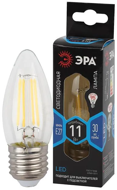 Лампочка светодиодная филаментная ЭРА F-LED B35-11w-840-E27
