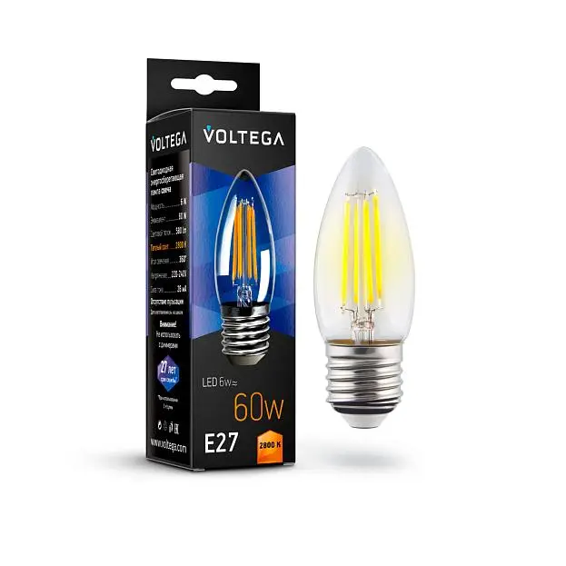 Светодиодная лампа Voltega 7046 Crystal Candle 6W 2800K E27 VG10-C1E27warm6W-F Светодиодная лампа Voltega 7046 Crystal Candle 6W 2800K E27 VG10-C1E27warm6W-F