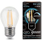 Лампа Gauss 105802205-D диммируемая филаментная E27 5W 4100К шар прозрачный Filament Globe D