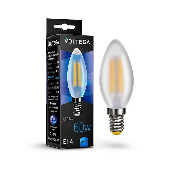Светодиодная лампа Voltega 7045 Crystal Candle matt 6W 4000K E14 VG10-C2E14cold6W-F Светодиодная лампа Voltega 7045 Crystal Candle matt 6W 4000K E14 VG10-C2E14cold6W-F
