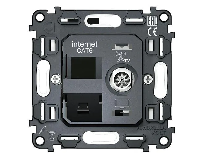 Механизм розетки компьютерной + TV оконечной RJ-45 (8P8C) CAT6 1000 Base-T/50-870 MHz 1dB с автоматической защитной шторкой QUANT Volt VM195 Механизм розетки компьютерной + TV оконечной RJ-45 (8P8C) CAT6 1000 Base-T/50-870 MHz 1dB с автоматической защитной шторкой QUANT Volt VM195