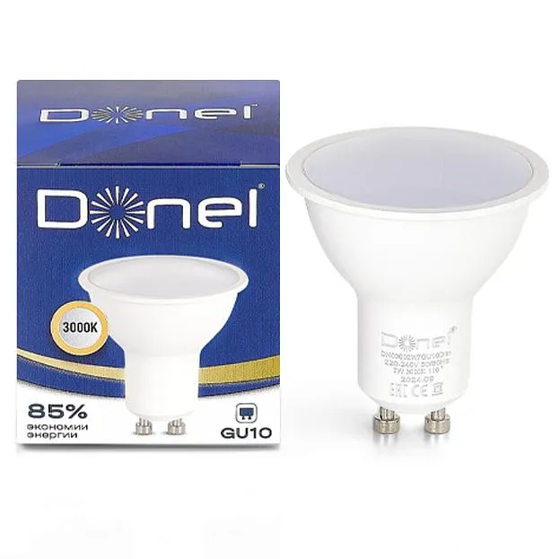 Светодиодная лампа 7Вт, MR16, 220В, GU10, 3000K, 560Лм, Ra>80, 110°, D50хH55мм, Dim Triac Donel DN03002W7GU10Dim DN03 Светодиодная лампа 7Вт, MR16, 220В, GU10, 3000K, 560Лм, Ra>80, 110°, D50хH55мм, Dim Triac Donel DN03002W7GU10Dim DN03