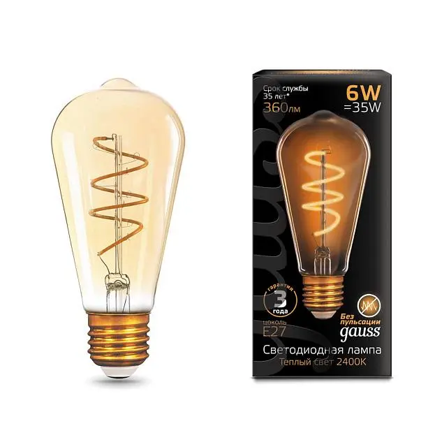 Лампа Gauss 157802006 E27 6W 2400K золотая Filament ST