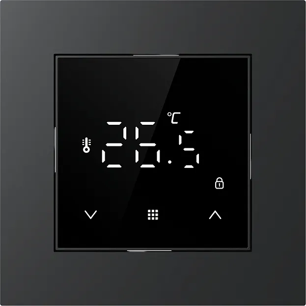 Терморегулятор с датчиком пола 16 A, 55*55 мм,  дисплей в одном уровне с рамкой, черное стекло Donel DTEF55B