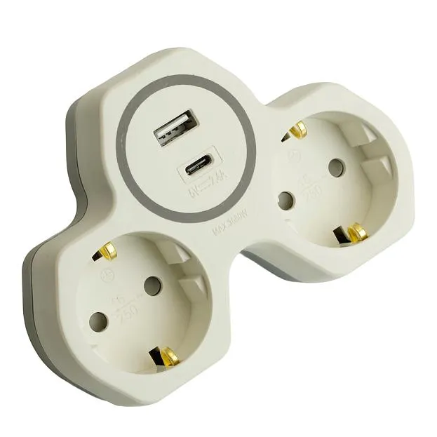 Разветвитель сетевой 2-местный с/з  Stekker 50071 ADP16-15-20, 250V, 16A и USB+Type C на 2.4А, белый/серый